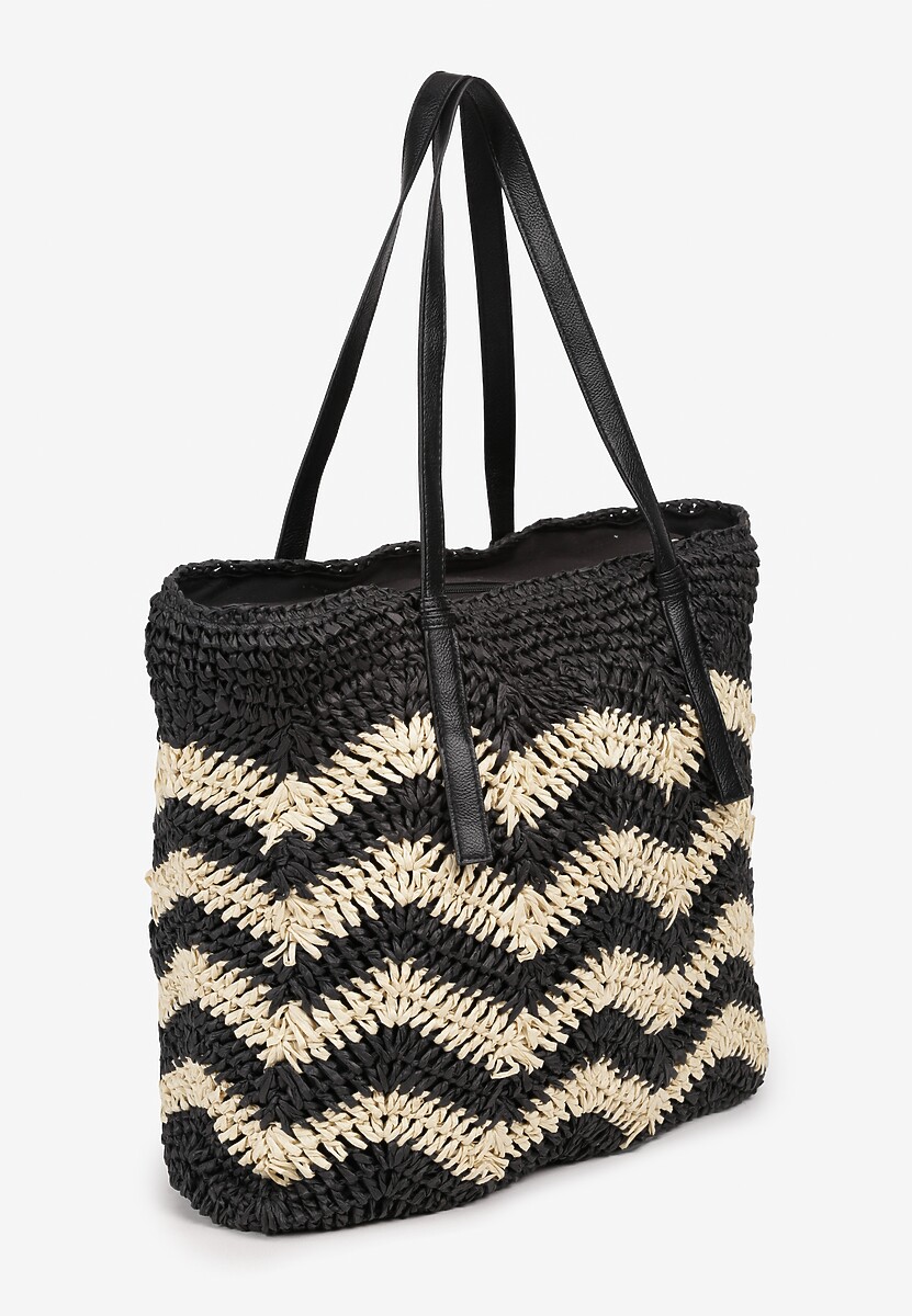 Czarno-Kremowa Torebka na Rączkach w Stylu Boho i Plecionki Torpia