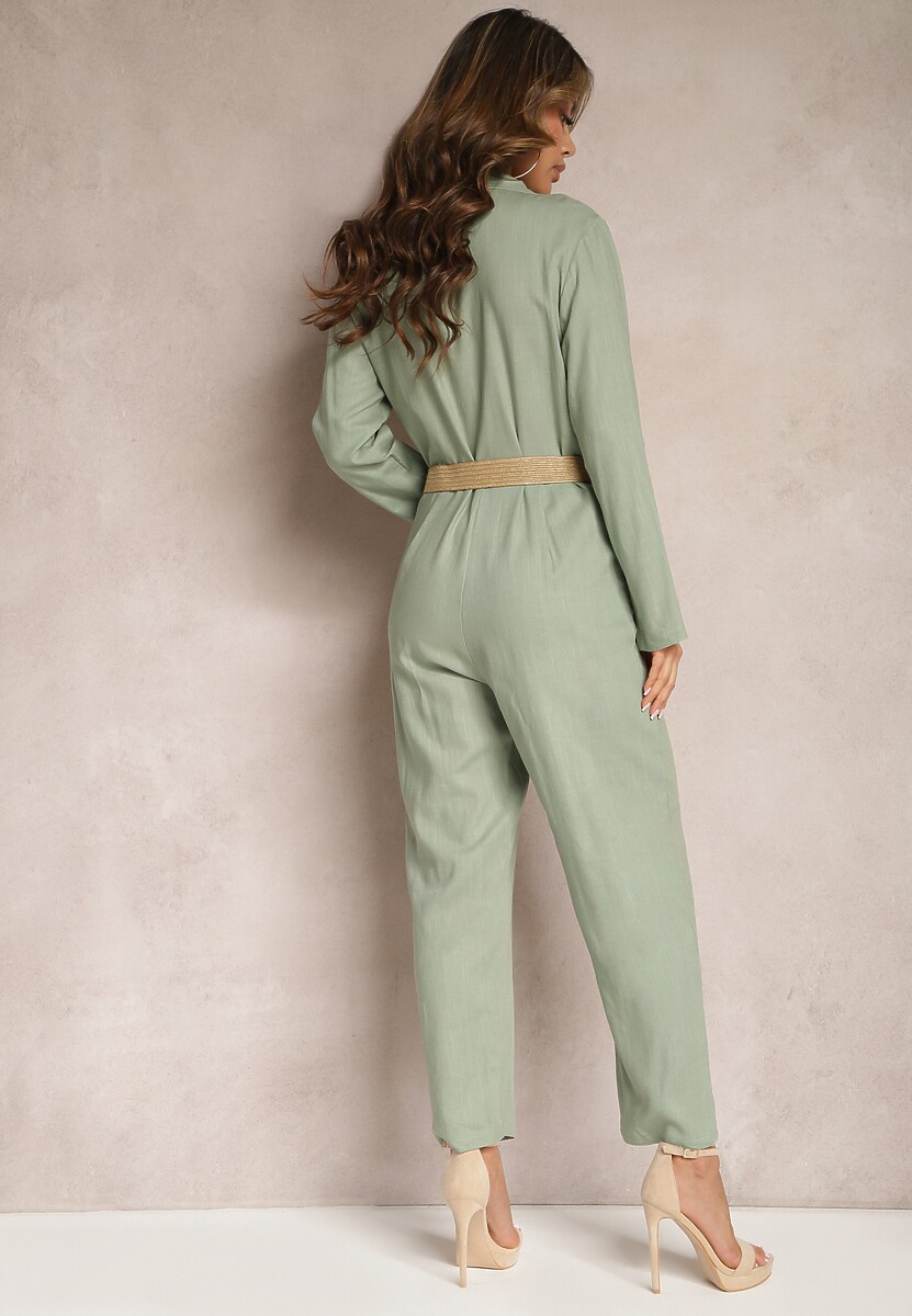 Zielony Kombinezon z Paskiem z Plecionki Kopertową Górą i Zwężającymi się Nogawkami Avnja