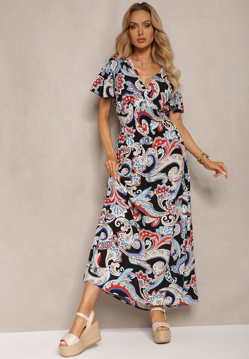 Czarno-Niebieska Rozkloszowana Sukienka z Bawełny o Kopertowym Kroju w Print Paisley Piavella