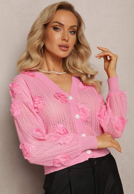 Różowy Kardigan z Ażurowym Zdobieniem w Kwiaty Barimona