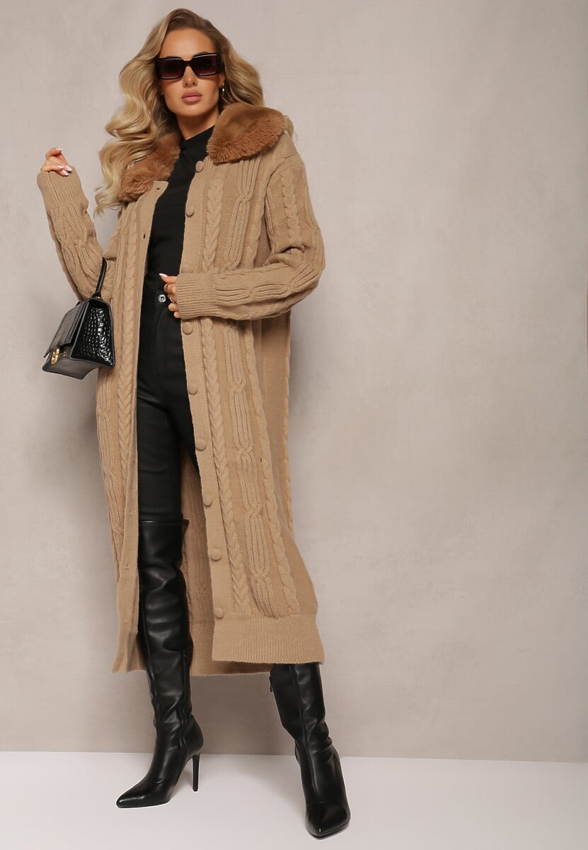 Beżowy Wiskozowy Kardigan w Warkoczykowy Splot z Futrzanym Kołnierzem Nirossa
