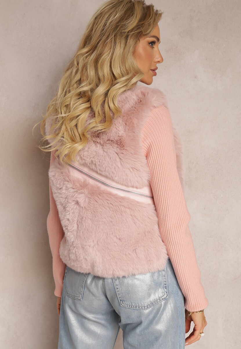 Różowa Kamizelka z Futerka Ozdobiona Wstawkami z Imitacji Skóry Cresstte