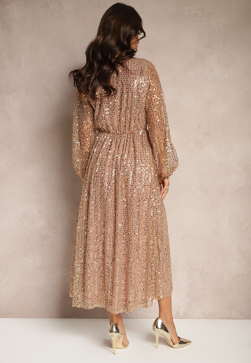 Złota Cekinowa Sukienka Kopertowa z Siateczki o Rozkloszowanym Kroju Bonissa