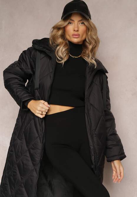 Czarna Pikowana Kurtka z Nieodpinanym Kapturem o Długim Fasonie Siyella