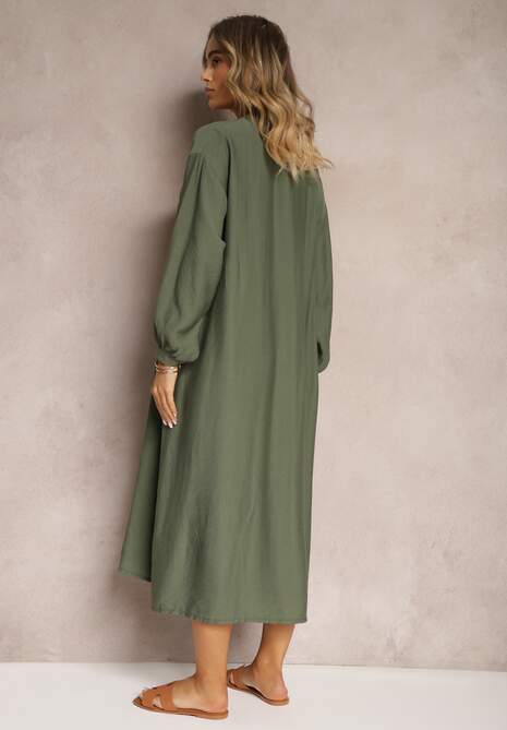 Ciemnozielona Sukienka w Stylu Koszulowym z Bufiastymi Rękawami i Wiskozą Denisea