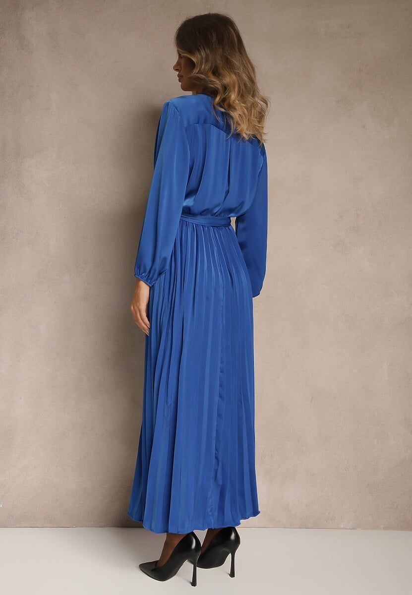 Niebieska Maxi Sukienka z Plisowanym Dołem i Kopertowym Dekoltem Basila
