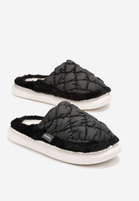 Czarne Eleganckie Kapcie Pikowane na Niskiej Platformie Tavemene