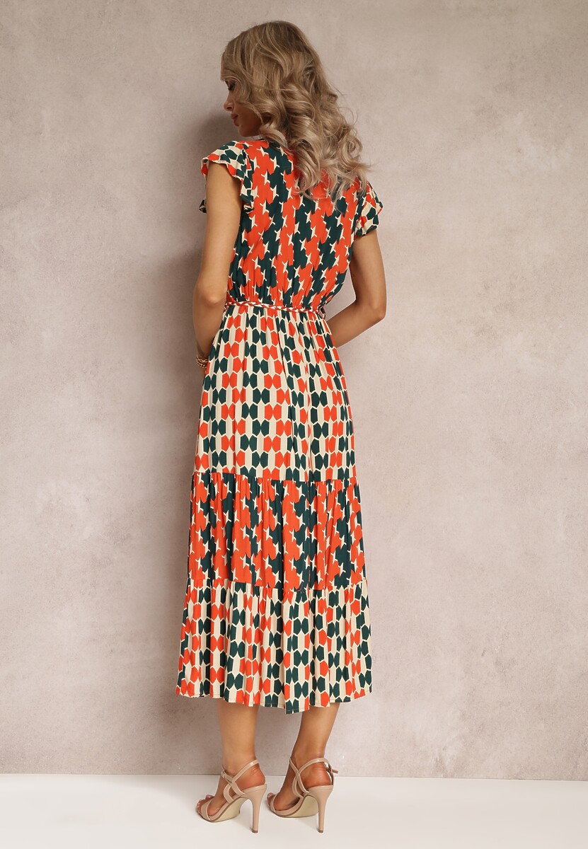 Pomarańczowa Wiskozowa Sukienka Maxi z Gumką w Talii i Falbankami przy Ramionach Baldise