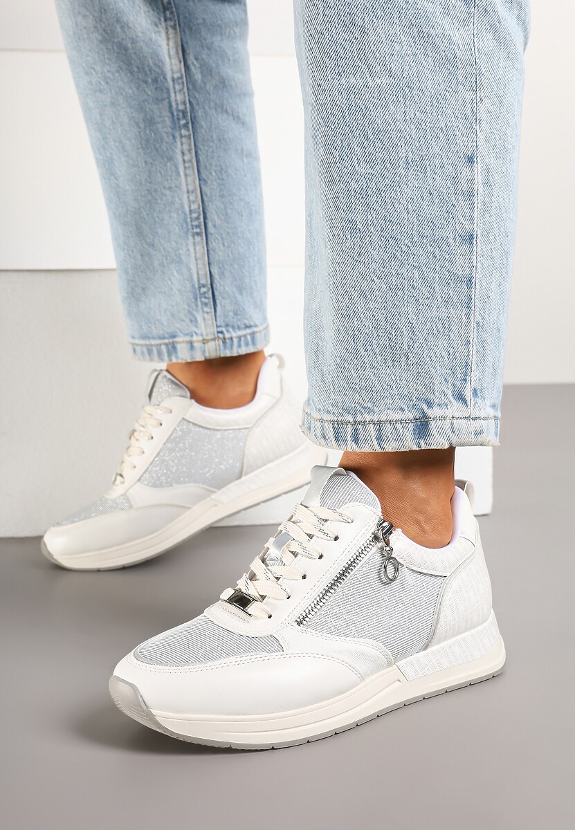 Białe Sneakersy z Wkładką ze Skóry Naturalnej Zdobione Suwakiem Fihanor