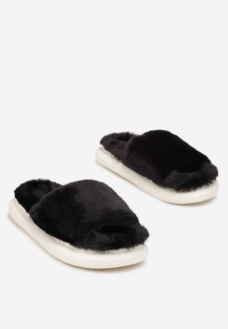 Czarne Kapcie Futrzane z Szerokim Paskiem Cedory