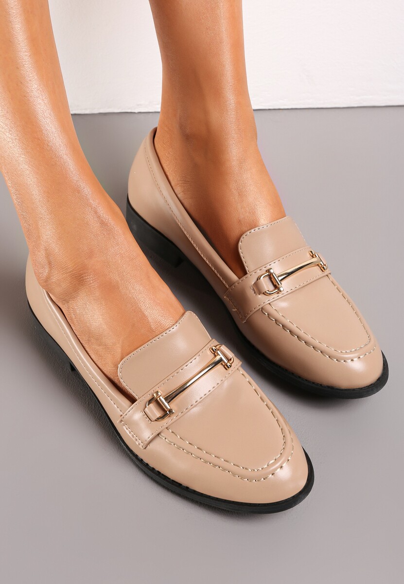 Ciemnobeżowe Mokasyny na Płaskiej Podeszwie z Ozdobnym Paskiem Catharine