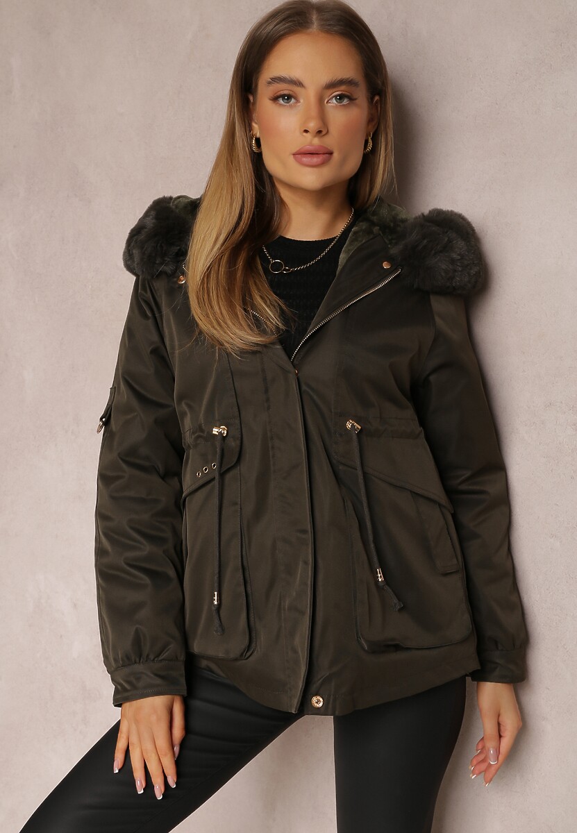 Ciemnozielona Kurtka Nylonowa Parka z Odpinanym Futerkiem Pasca