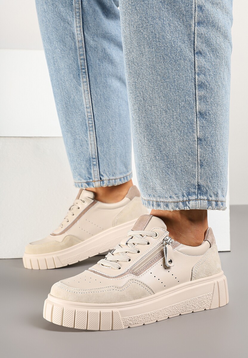 Beżowe Streetwearowe Sneakersy ze Skóry Naturalnej z Ozdobnym Suwakiem Eleavenna