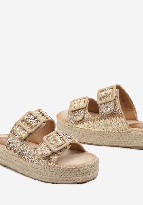 Ciemnobeżowe Płaskie Klapki Ozdobione Plecionką z Regulowanymi Paskami i Sprzączkami Yannia