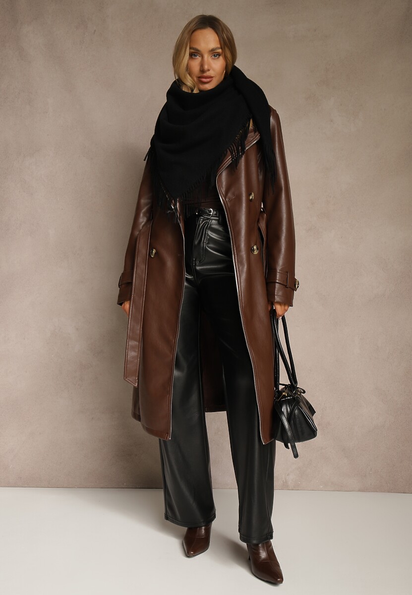 Czarny Bawełniano-Wiskozowy Szalik w Kształcie Trójkąta z Frędzlami Vetisara