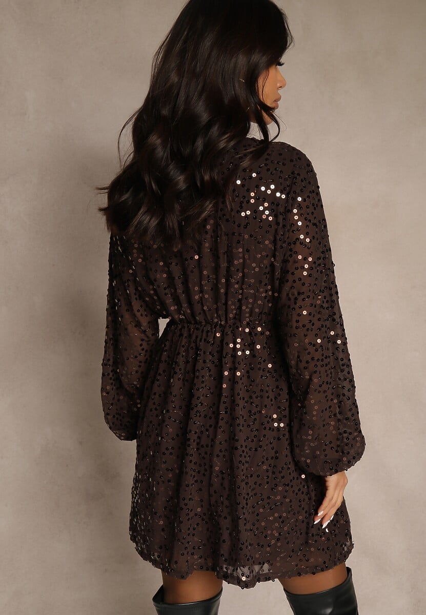Brązowa Rozkloszowana Sukienka z Długimi Rękawami Zdobiona Cekinami Reisena