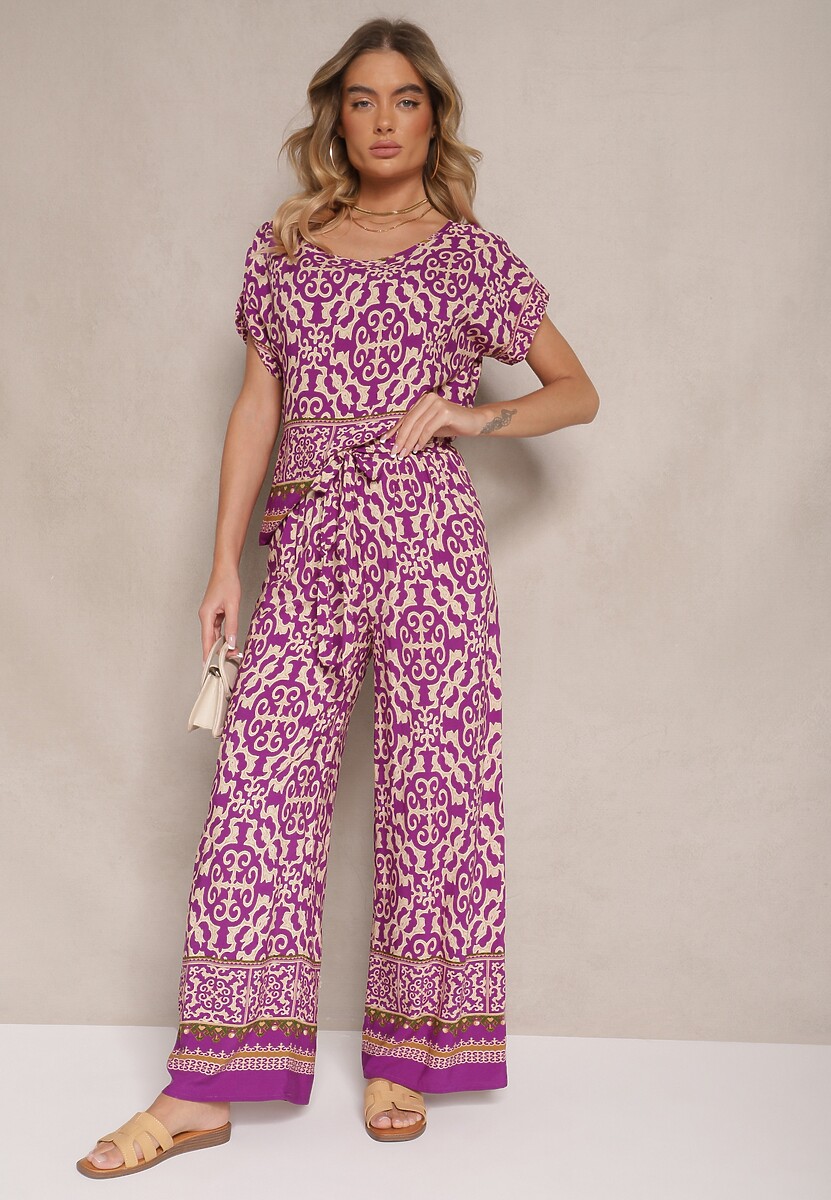 Czarny Komplet Spodnie i Bluzka z Bawełny w Ornamentalny Print Nanitria