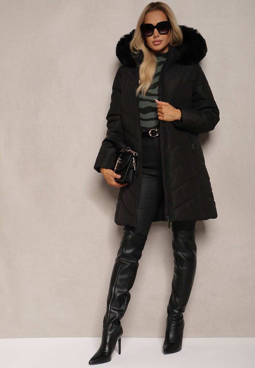 Czarna Długa Kurtka z Pikowanym Wzorem i Odpinanym Futerkiem Raishae