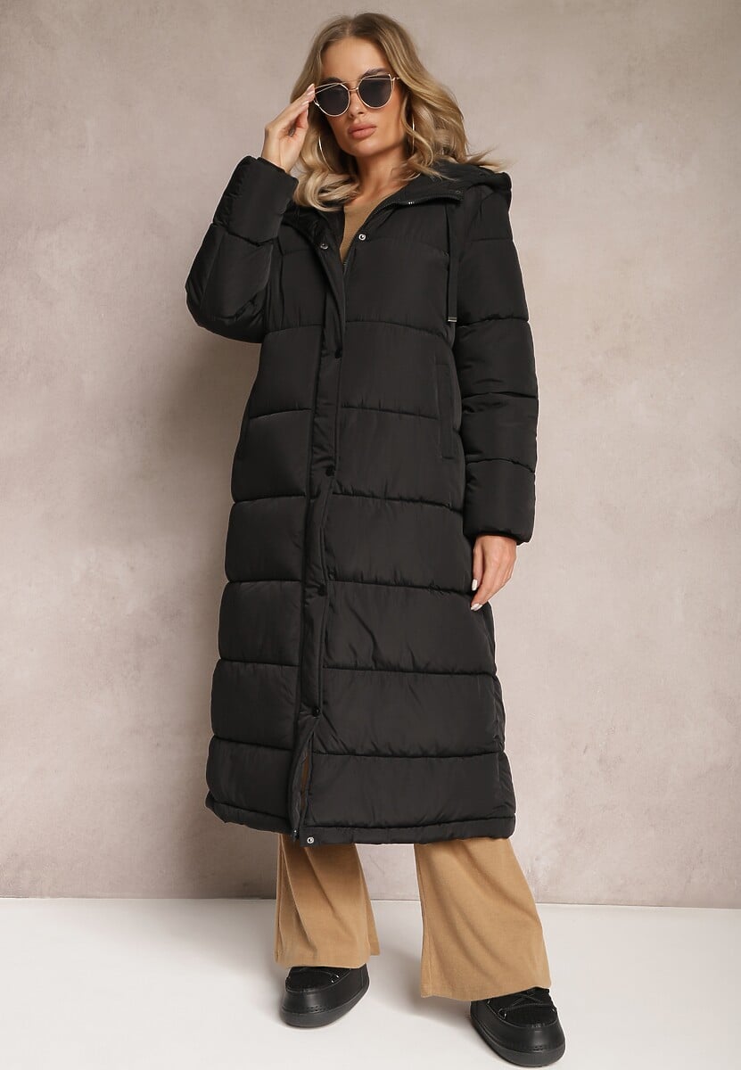 Czarna Długa Kurtka Pikowana Płaszcz z Kapturem Samonira