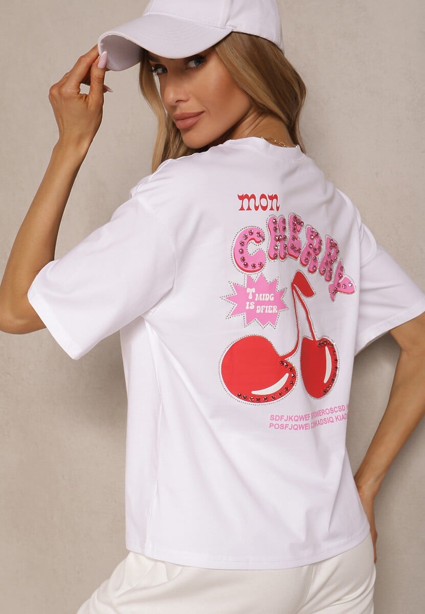 Biały T-shirt z Bawełną Wzorem Wiśni i Cyrkoniami Linavella