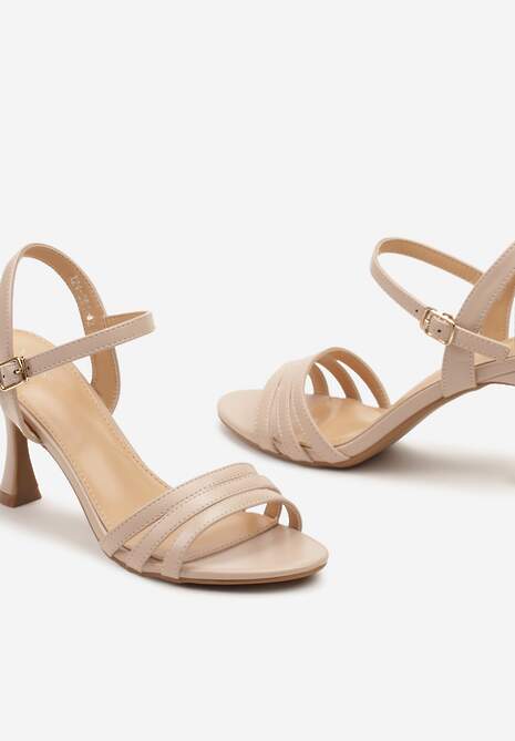 Beżowe Sandały z Ekoskóry na Szpilce Zapinane na Sprzączkę Ploemis