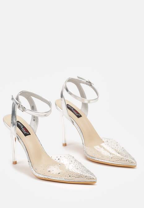 Srebrne Metaliczne Szpilki z Transparentną Cholewką i Cyrkoniami Mitanea