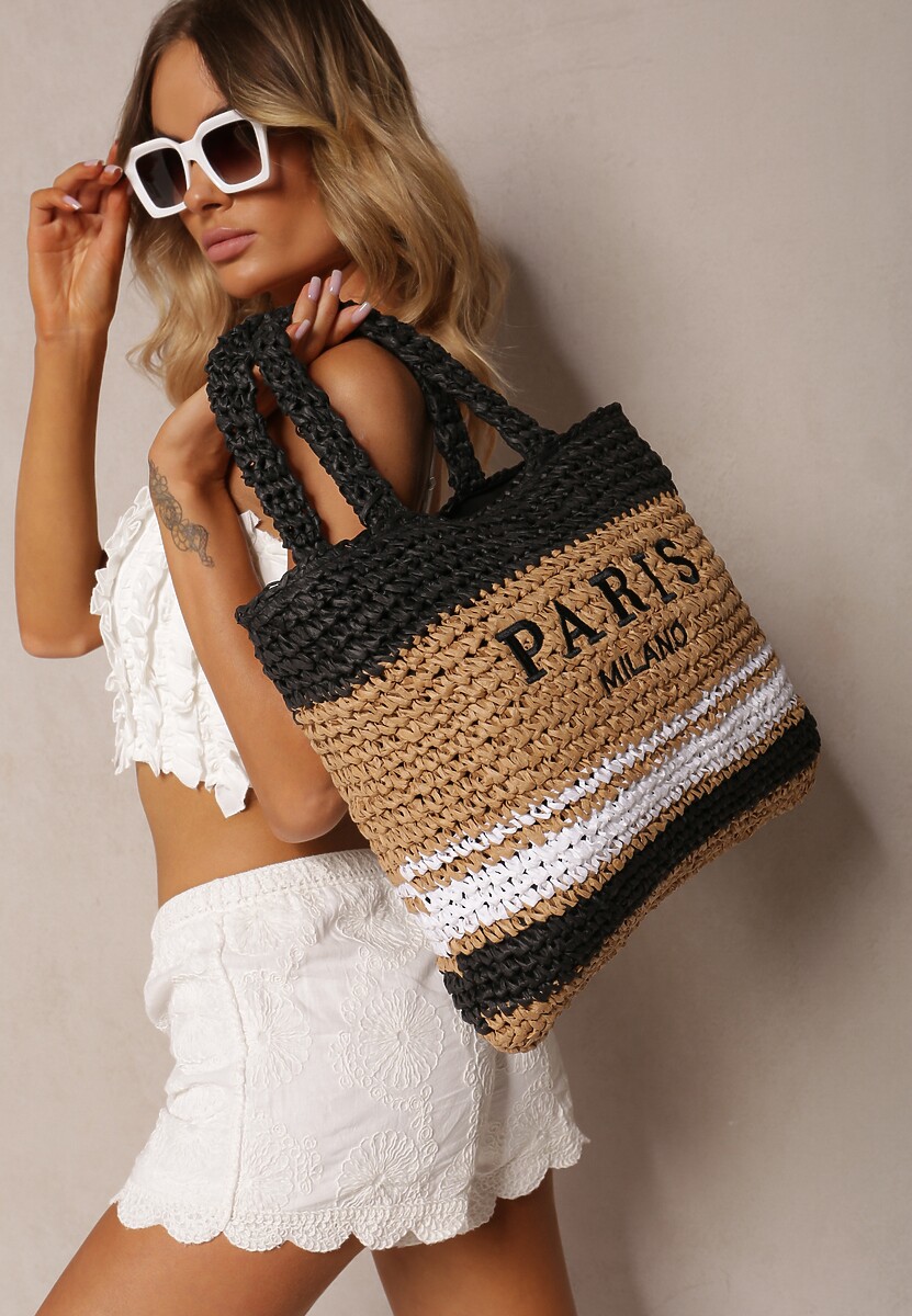 Zielono-Czarna Pleciona Torebka w Stylu Boho Ozdobiona Napisem Oegelia