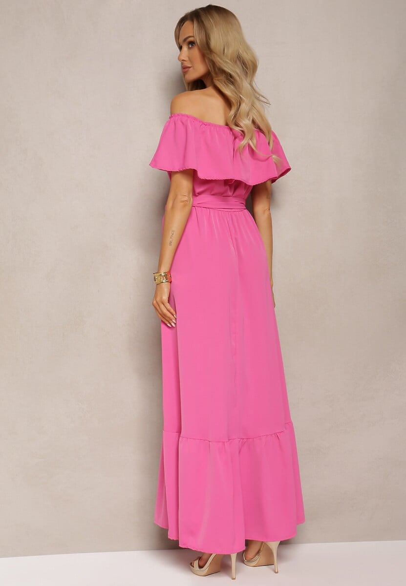 Różowa Hiszapanka Sukienka o Rozkloszowanym Fasonie z Falbanką Naviara