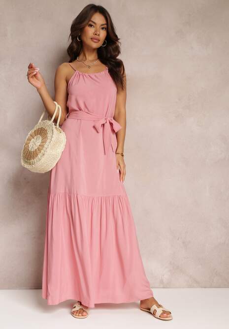 Różowa Rozkloszowana Sukienka na Ramiączkach z Wiązanym Paskiem Diadite