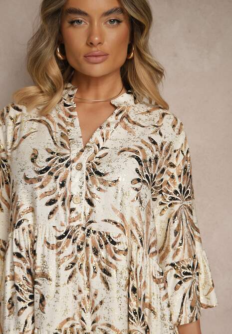 Brązowa Sukienka z Lnem o Rozkloszowanym Kroju Zdobiona Metalicznym Nadrukiem Filinwena