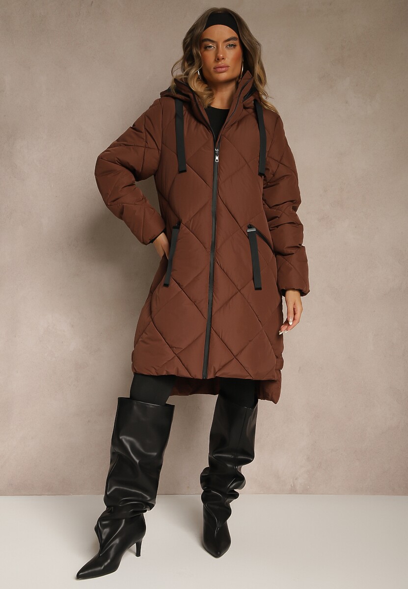 Ciemnobeżowa Pikowana Kurtka z Przeszyciem w Kratę Kapturem i Kieszeniami Zenetta