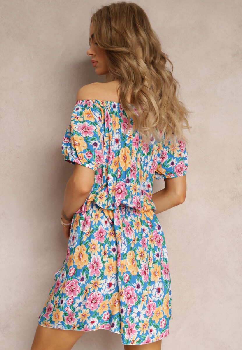 Niebieska Sukienka Hiszpanka z Wiskozy i Gumką w Talii Pellin