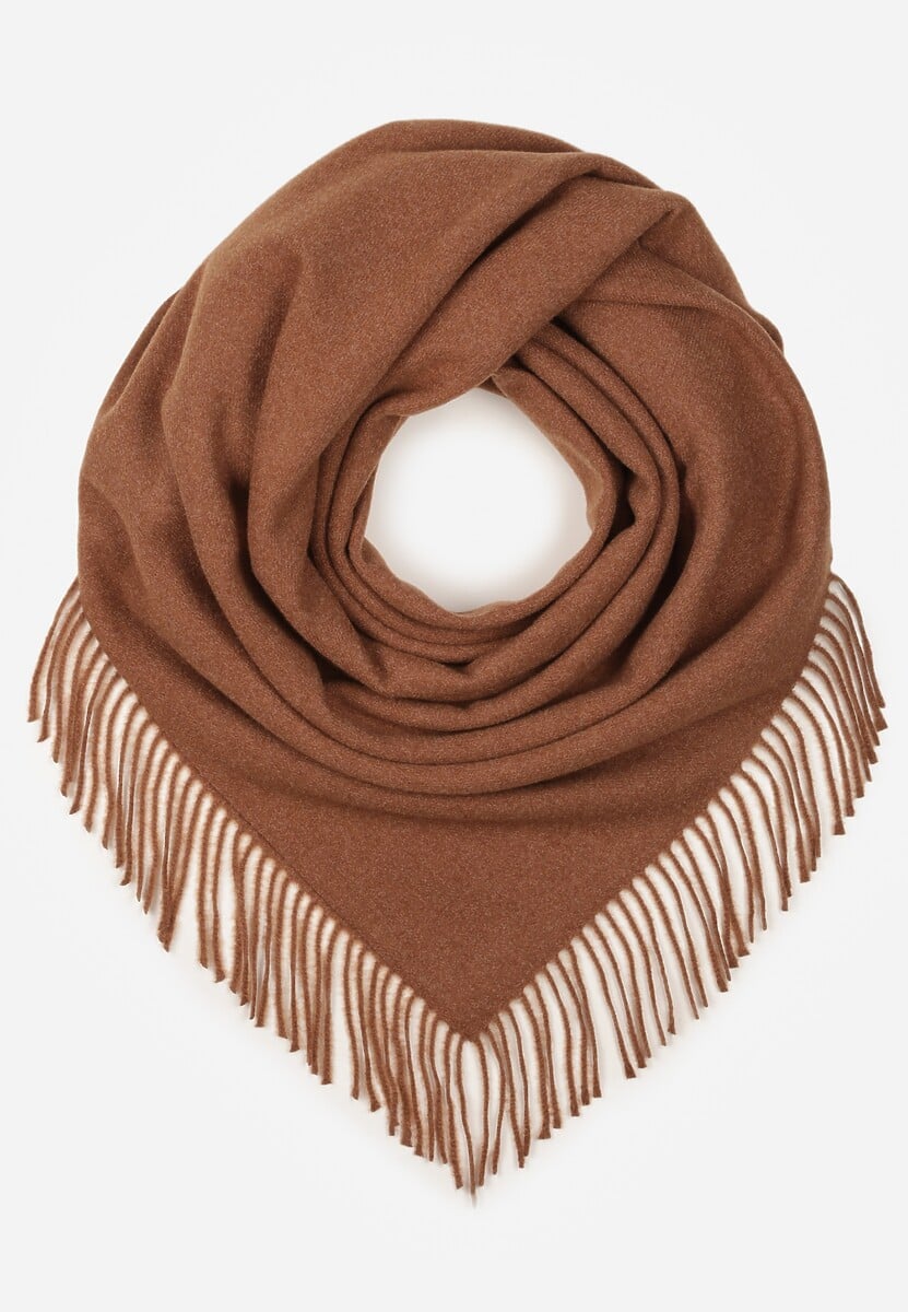 Jasnobrązowy Bawełniano-Wiskozowy Szalik w Kształcie Trójkąta z Frędzlami Vetisara