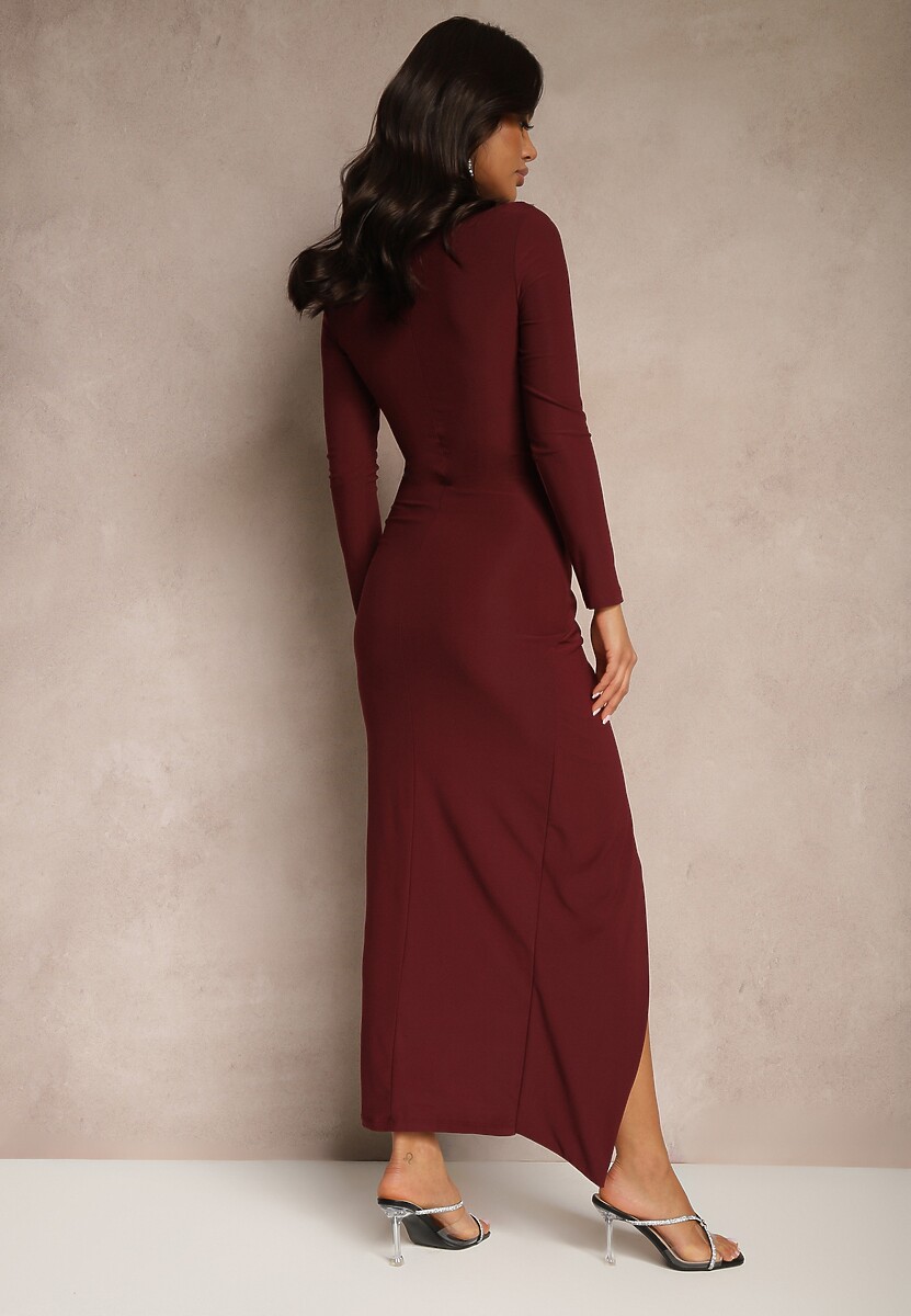 Bordowa Koktajlowa Sukienka Półgolf Ozdobiona Marszczeniami Emivelleth