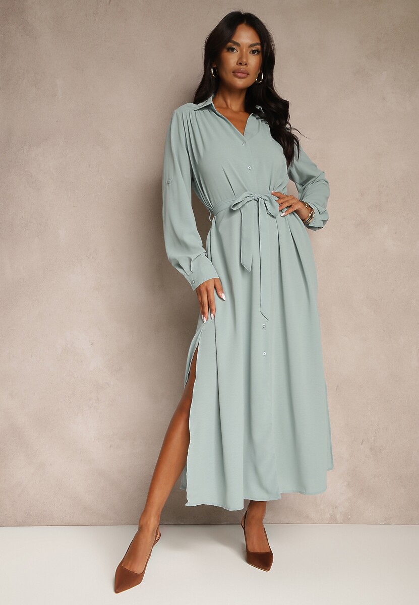 Niebieska Casualowa Sukienka Koszulowa na Guziki z Kieszeniami Jezebel