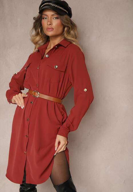 Bordowa Koszulowa Sukienka Ozdobiona Paskiem i Rękawem z Regulacją Esaviona