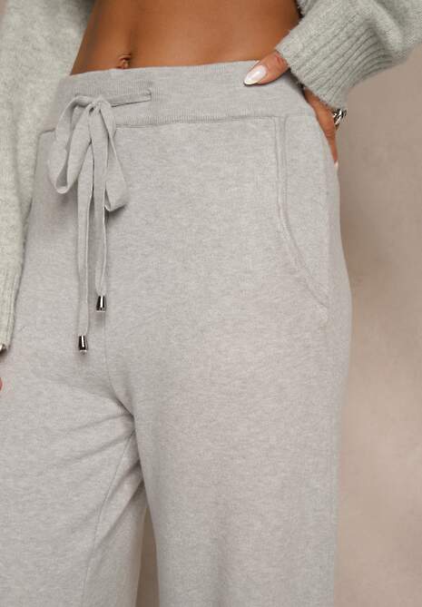 Szare Szerokie Spodnie Dzianinowe Ozdobione Sznurkami Meretusa