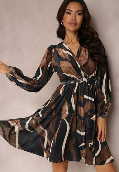 Czarno-Brązowa Welurowa Sukienka z Kopertowym Dekoltem i Wiązanym Paskiem Rarle