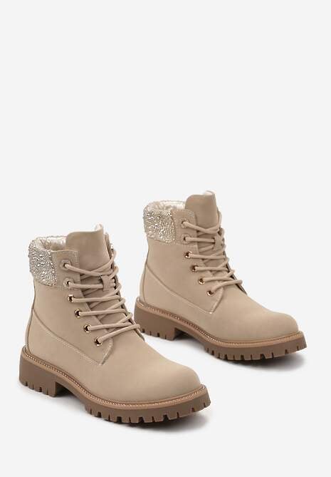Beżowe Botki Traperki na Płaskiej Podeszwie z Przeszyciami i Cyrkoniami Flurella