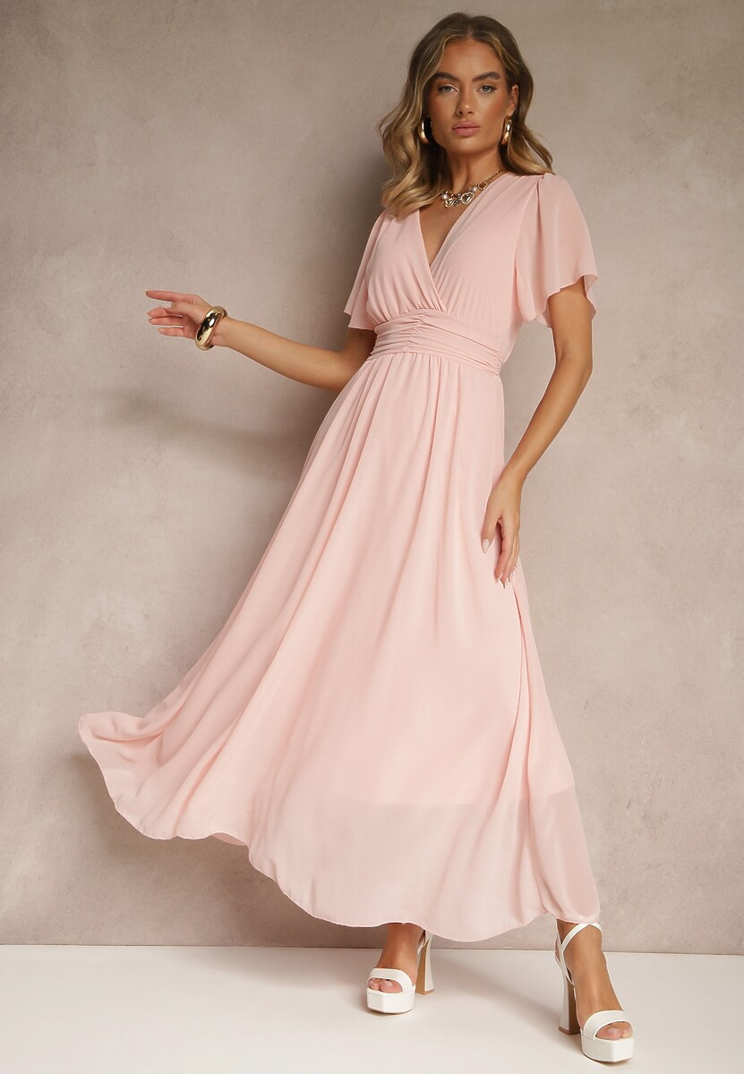 Beżowa Rozkloszowana Sukienka z Kopertowym Dekoltem Obillis