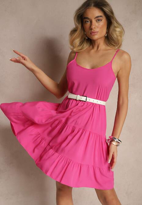 Fuksjowa Bawełniana Sukienka na Ramiączkach Ozdobiona Falbanami Lilitte