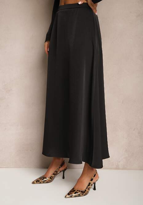 Czarna Spódnica z Satynowej Tkaniny z Wiskozą o Rozkloszowanym Kroju Tiraviel