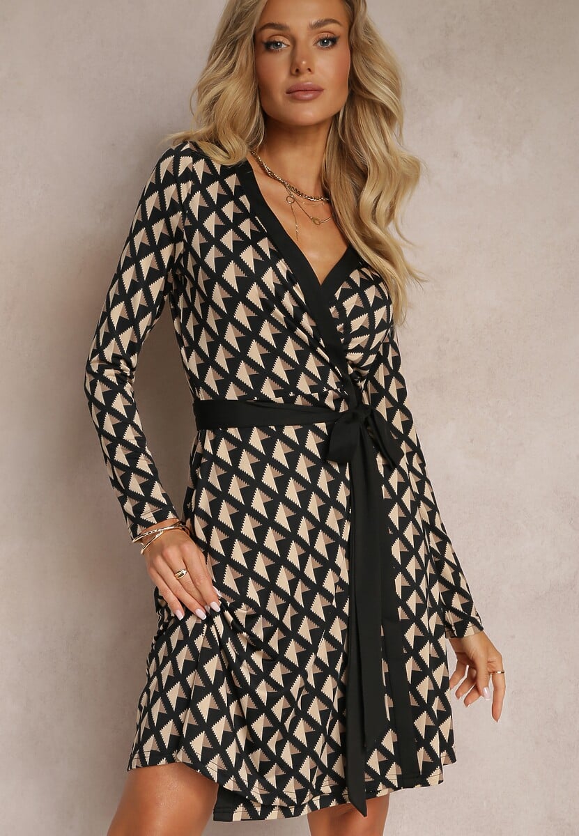Beżowa Sukienka Kopertowa w Geometryczny Wzór Feozie