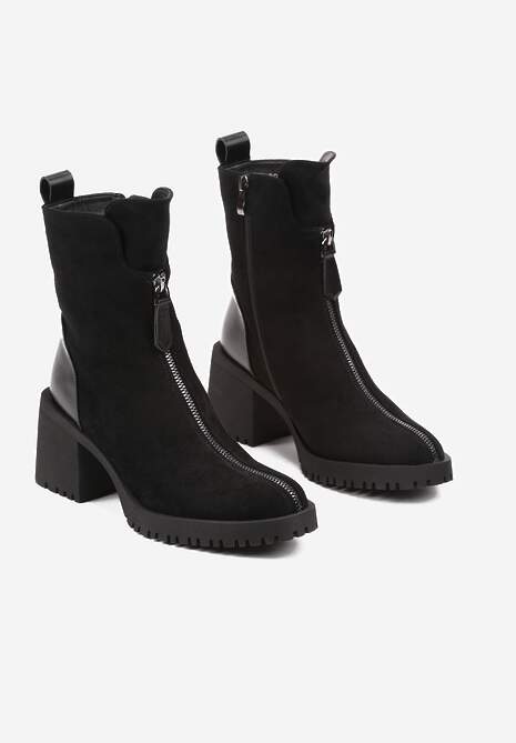 Czarne Botki na Słupku z Ozdobnym Suwakiem i Lekkim Ociepleniem Rexitha