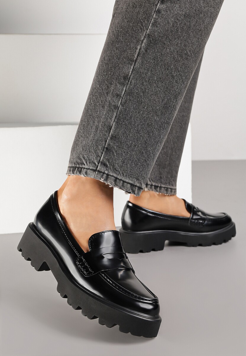 Czarne Mokasyny z Imitacji Skóry na Grubej Podeszwie Inran