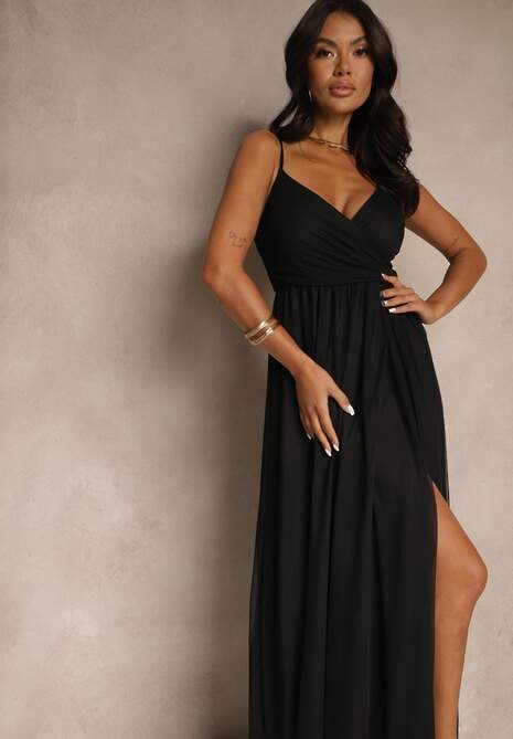 Czarna Sukienka Koktajlowa Ozdobiona Tiulowym Materiałem Deviora