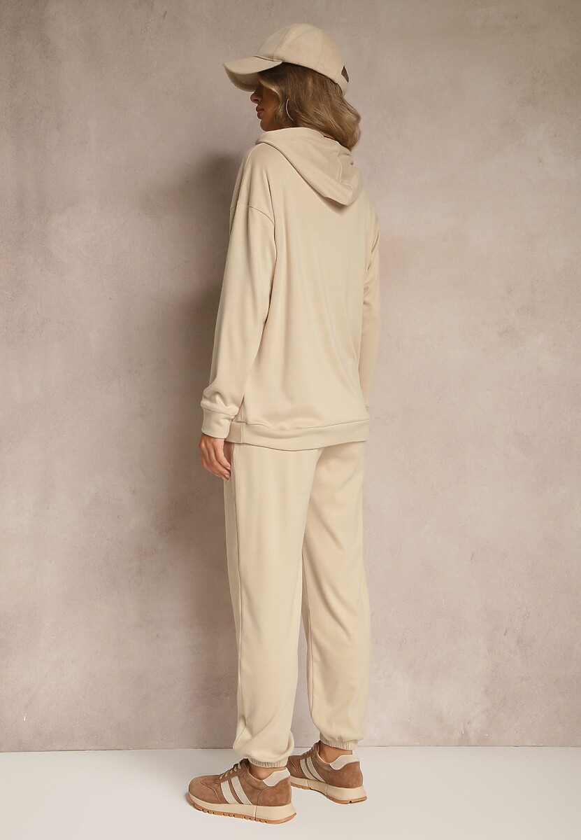 Beżowy Komplet Dresowy Spodnie i Bluza z Kapturem i Kangurową Kieszenią Lotilea
