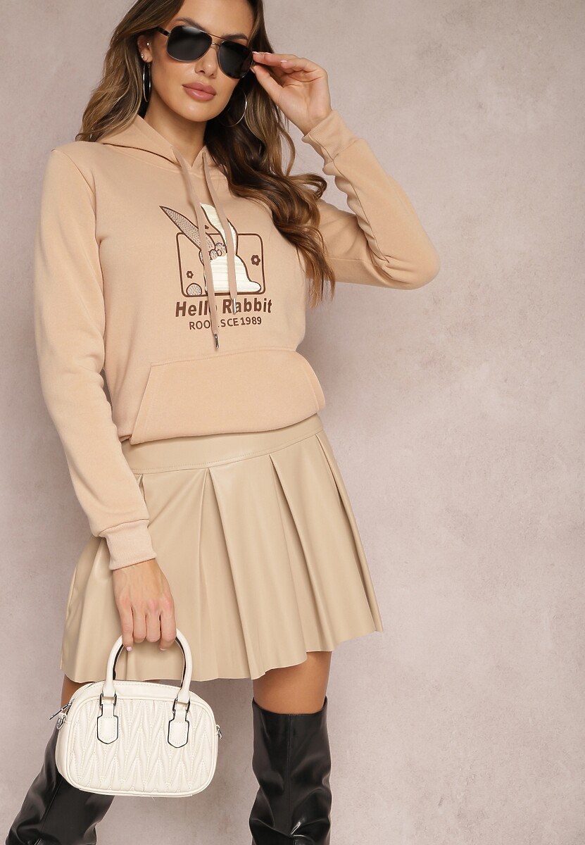 Beżowa Bluza z Kapturem i Ozdobnym Nadrukiem Kliorre