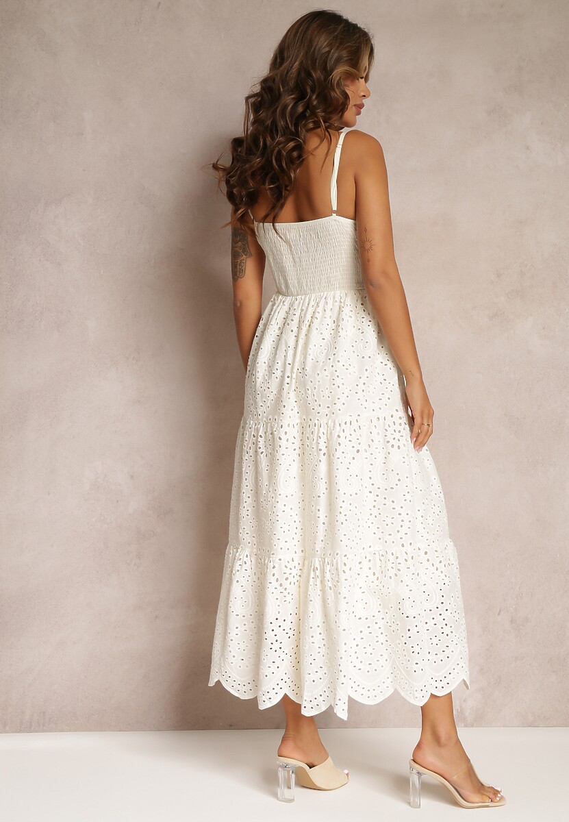 Beżowa Haftowana Sukienka z Bawełny na Cienkich Ramiączkach Ozdobiona Cekinami Helatia