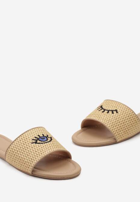 Ciemnobeżowe Klapki Ozdobione Haftem w Kształcie Oczu i Plecionką Naruka